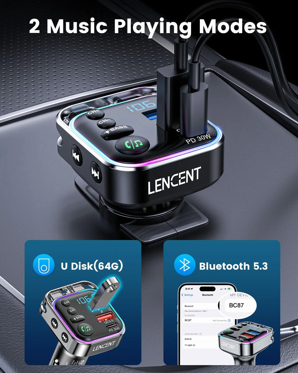 Lencent Bluetooth 5.3 nadajnik FM 48 W szybka ładowarka PD30W QC18W dźwięk Hi-Fi