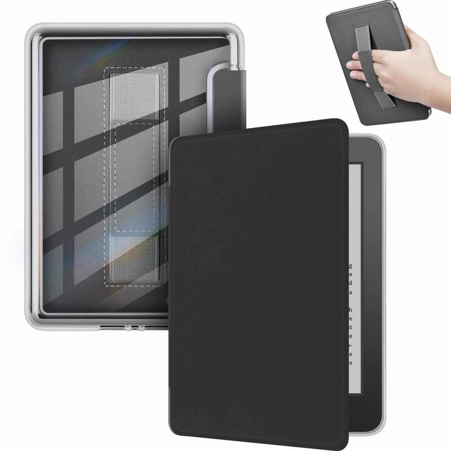 Etui dla Kindle Paperwhite 7 cali (12. generacja), Signature Edition i Colorsoft, przezroczysty tył z akrylu, magnetyczna osłona z paskiem na rękę, funkcja automatycznego wybudzania/usypiania(Czarny)