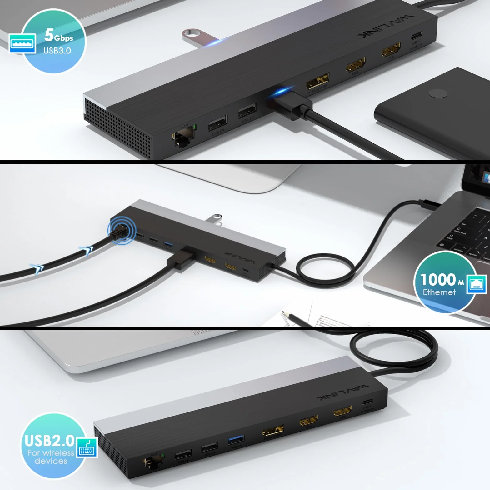 WAVLINK Stacja dokująca USB C, 3 monitory, stacja dokująca z podwójnym HDMI, DP, 100 W PD, USB 3.0 i 2.0, RJ45, gniazda SD/TF, audio/mikrofon, kompatybilna tylko z komputerami z systemem Windows