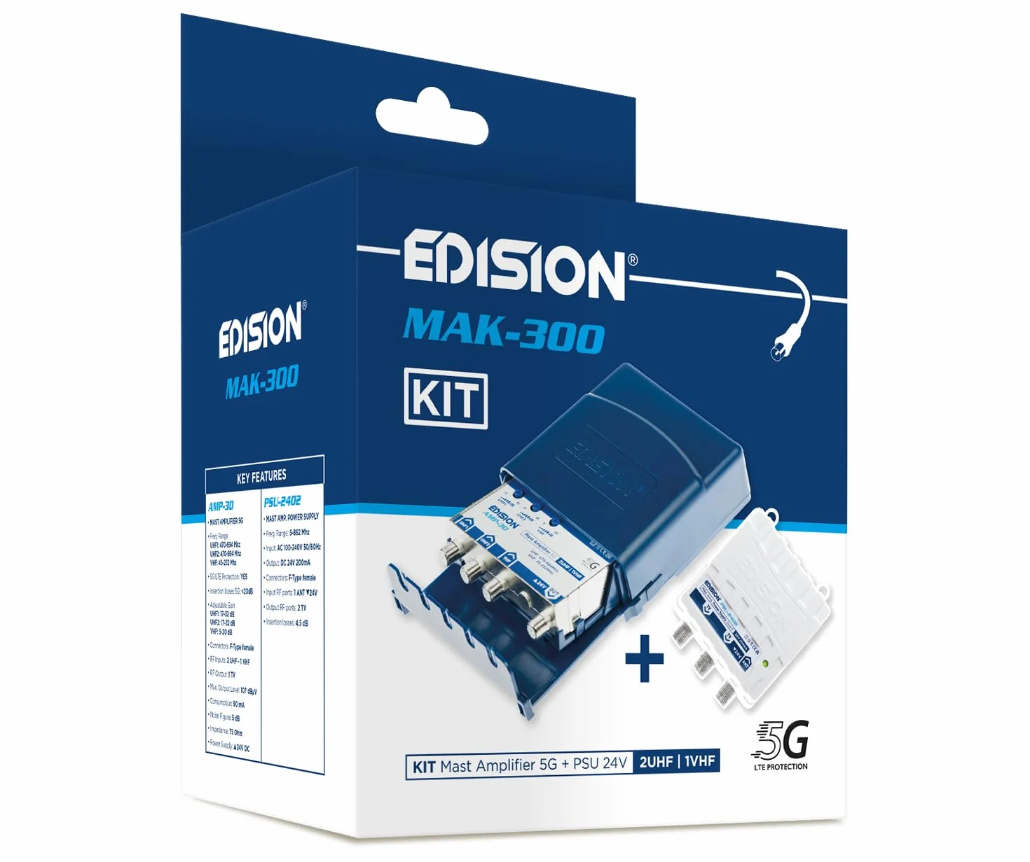 EDISION Zestaw MAK-300: wzmacniacz anteny telewizyjnej 2UHF, 1VHF/FM, 17-32 dB, 107 dBmV, 24 V, do cyfrowej naziemnej DVB-T/T2, z filtrem 5G LTE + zasilaczem 24 V 200 mA F, 2 wyjścia