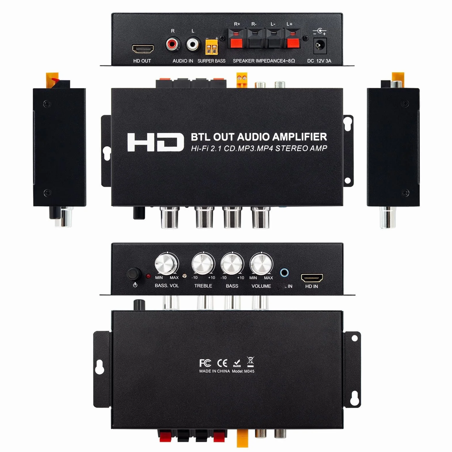 Annadue Stereofoniczny Wzmacniacz Mocy, 2.1-kanałowy 240 W Bluetooth 5.0 HiFi Audio, Wejście HDMI AUX, Regulacja Tonów Niskich, Subwoofer do Głośników Kina Domowego, Przenośny Stop (wtyczka UE)