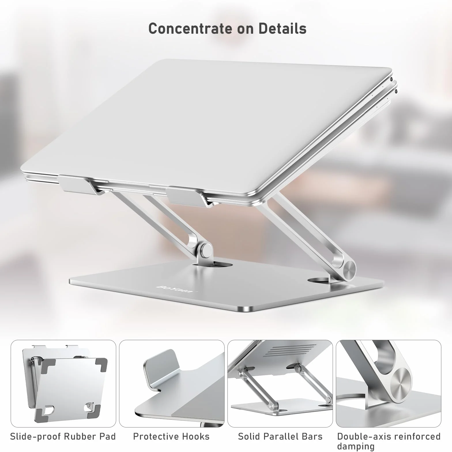 BoYata Stojak na laptopa, podstawka pod laptopa pod wieloma kątami z otworem wentylacyjnym, podstawka do notebooka kompatybilny z komputerami MacBook Pro, Dell, HP, Samsung, Acer 10–15,6"-Srebrny