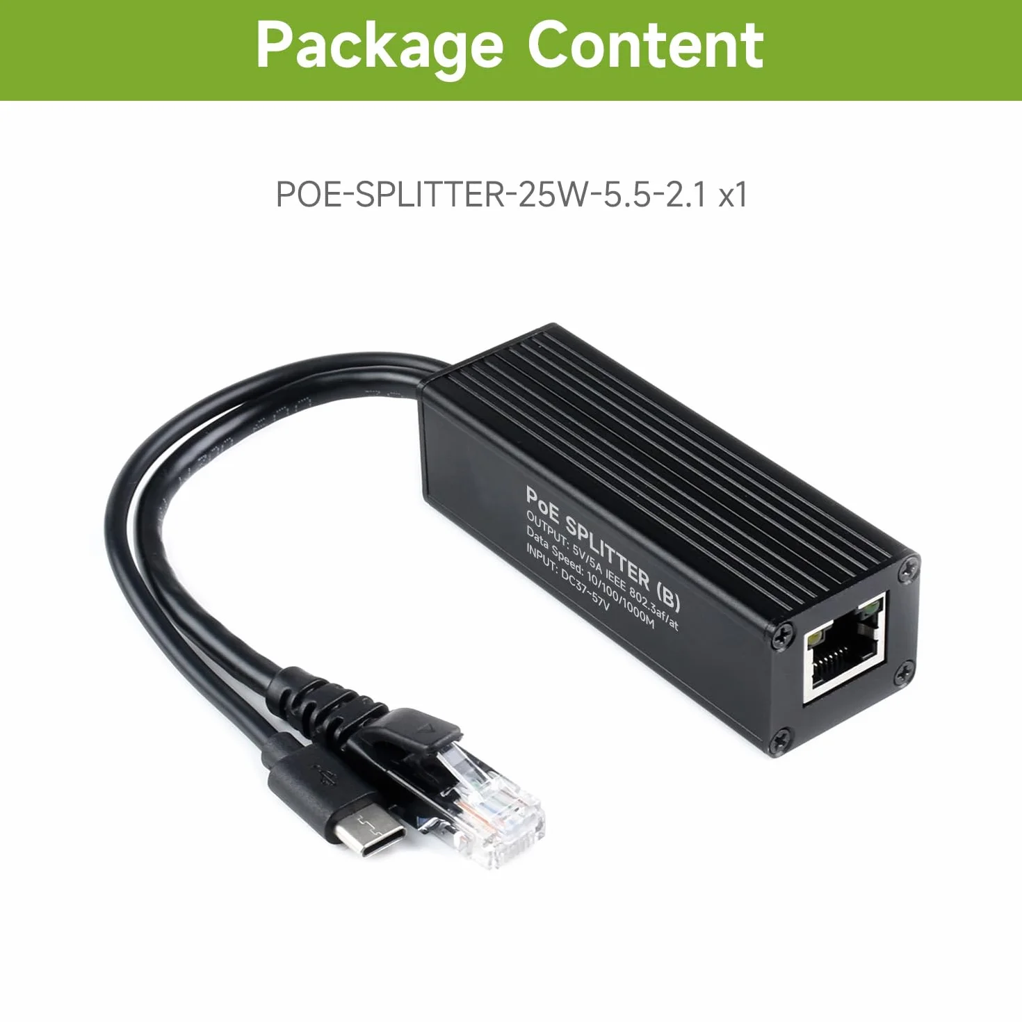 Waveshare Industrial Gigabit PoE Splitter, 5V 5A Type-C Output Port, Onboard MPS Control Chip