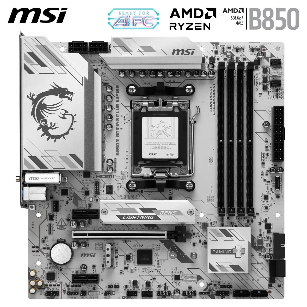 MSI Płyta główna B850M GAMING PLUS WIFI6E, mATX - Obsługuje procesory AMD Ryzen 9000/8000/7000, AM5 - DDR5 Memory Boost 8200+ MT/s (OC), PCIe 4.0 x16, M.2 Gen 5, Wi-Fi 6E, 2.5G LAN