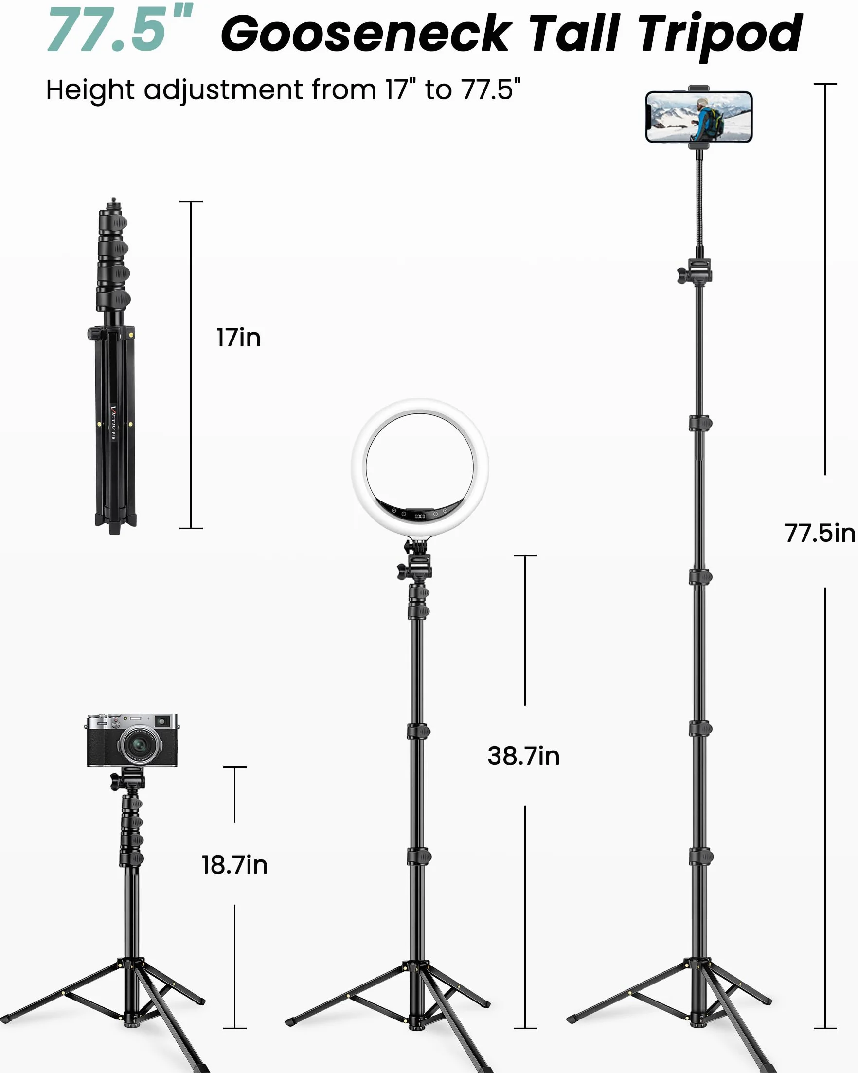 Victiv Wysoki statyw o wysokości 77,5 cala do smartfona, stojak na telefon z elastyczną gęsią szyją, kompatybilny z iPhone 17/16/15/14/13/12, przenośny aluminiowy kijek do selfie statyw do aparatu do