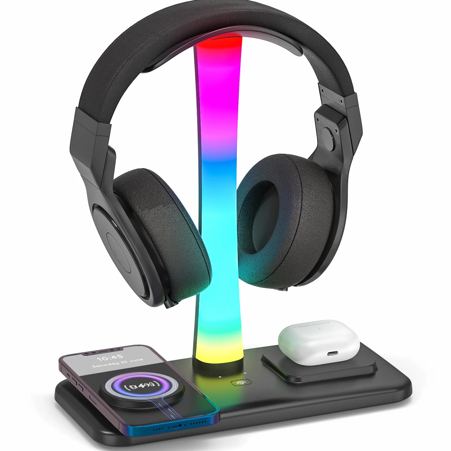 Stojak 3 w 1 RGB Uchwyt na Słuchawki Gamingowe z Ładowarką 15 W i 9 Trybami Świecenia
