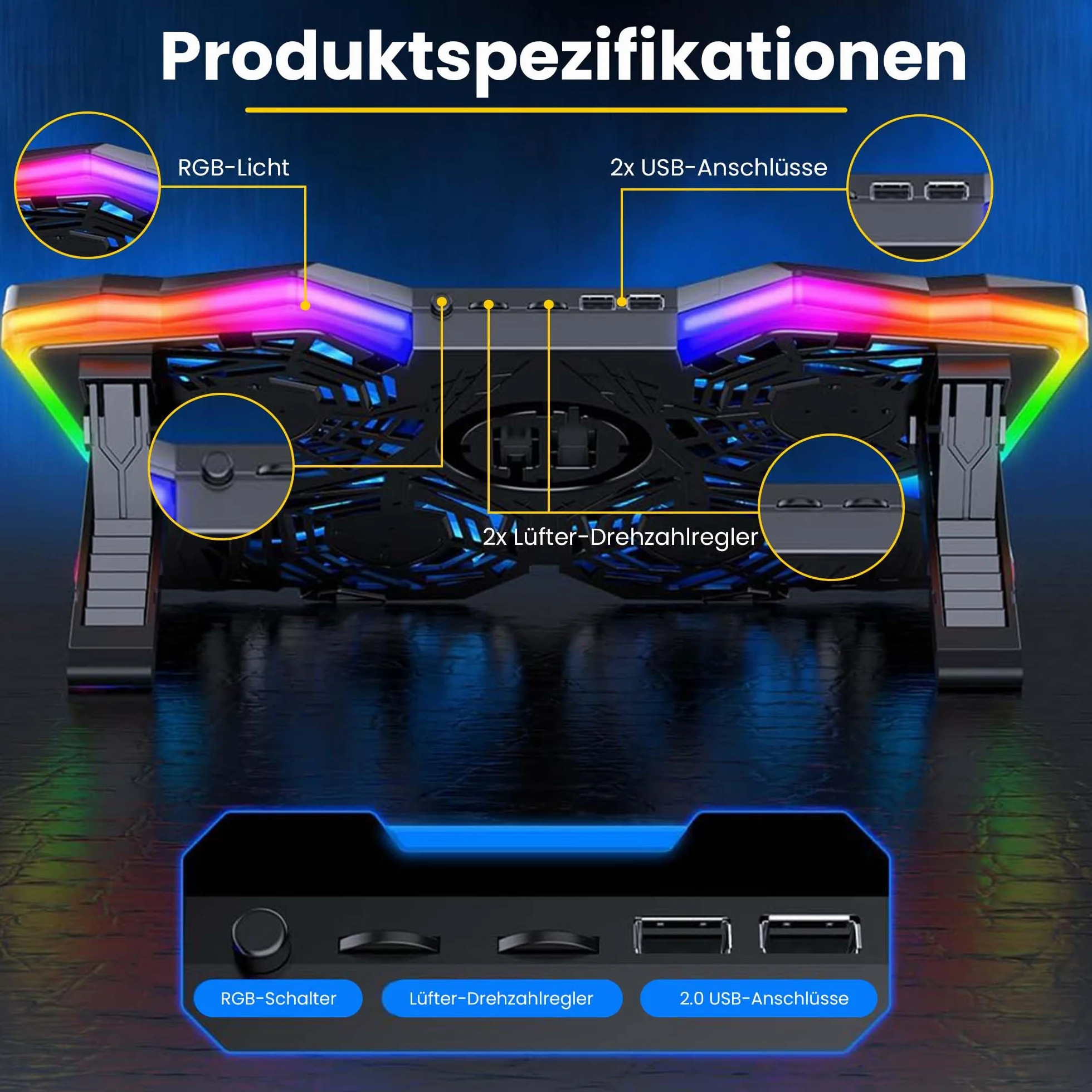 Offgridtec Chłodnica do laptopa K25 Pro, wentylowany stojak z 4 cichymi wentylatorami, 2 porty USB, regulacja wysokości