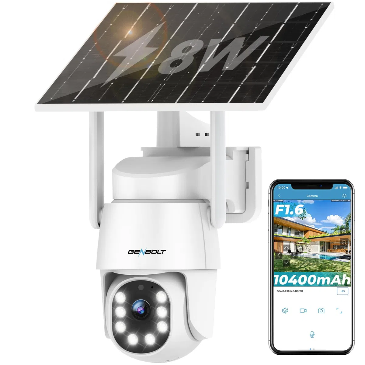 GENBOLT 2K AOV WiFi Kamera Zewnętrzna Solarna, Nagrywanie 24/7 Kamera IP Zewnętrzna Monitoringu PTZ z Wykrywaniem AI 90FT, Kamera CCTV Baterią 8W 10400 mAh, Automatisk Spårning, Aktivt försvar