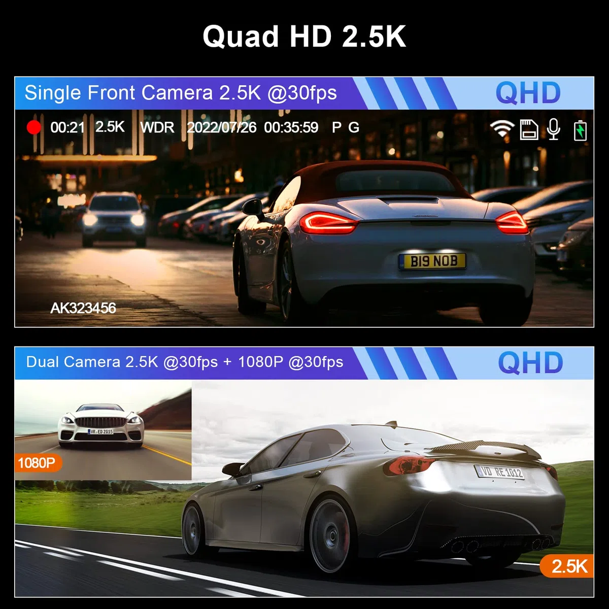 Kamera samochodowa 2.5K przednia i tylna 1440P+1080P FHD WiFi dual dashcam do samochodów z obsługą aplikacji z kartą SD 32GB, metalowa obudowa, super noktowizor, WDR, czujnik G, nagrywanie w pętli