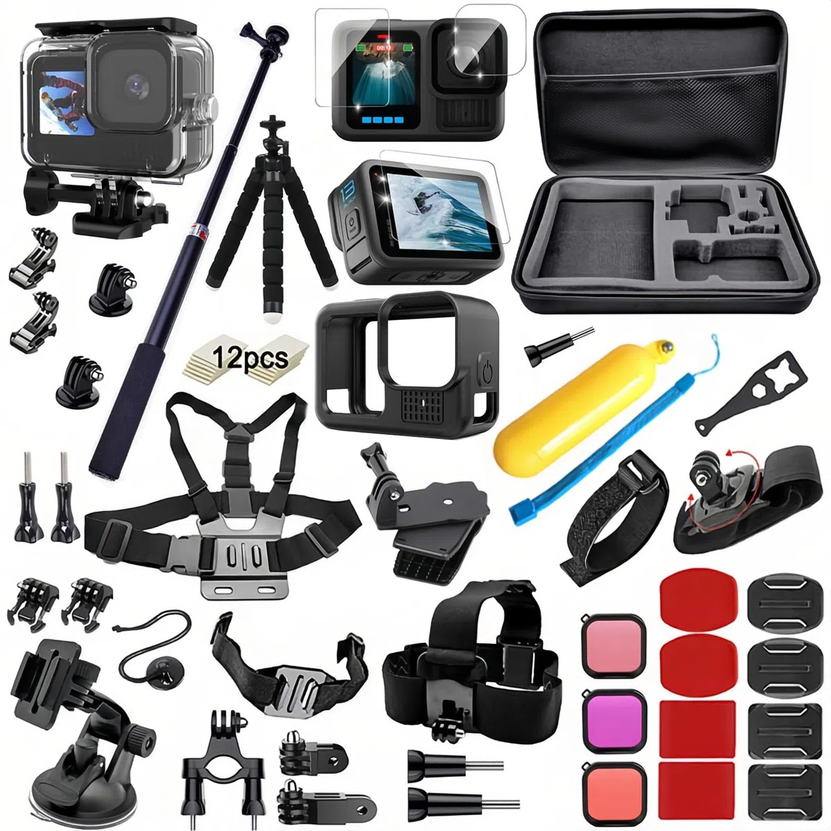 Ulepszony zestaw akcesoriów do GoPro Hero 13 Black Kit, wodoszczelny pokrowiec ochronny, wodoszczelna obudowa, akcesoria do snorkelingu, uchwyt rowerowy kijek do selfie, pasek na głowę do GoPro Hero13