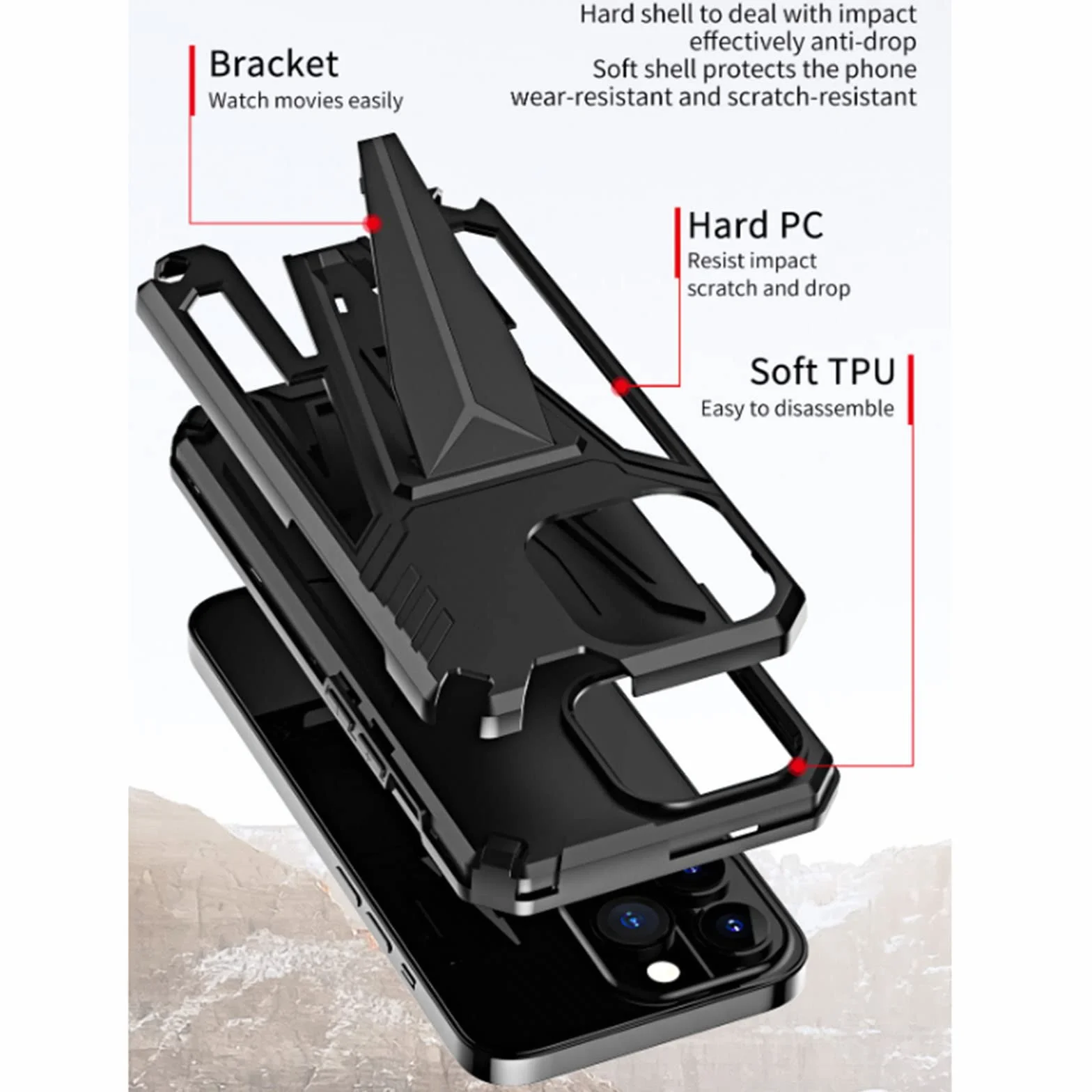 Etui do iPhone 13 Pro Max/13 Pro/13/13 mini, odporne na wstrząsy twardy tylny zderzak silikonowy pokrowiec ochronny z podpórką, kompatybilny z magnetycznym uchwytem samochodowym, czarny, 13 Pro Max 6,7"