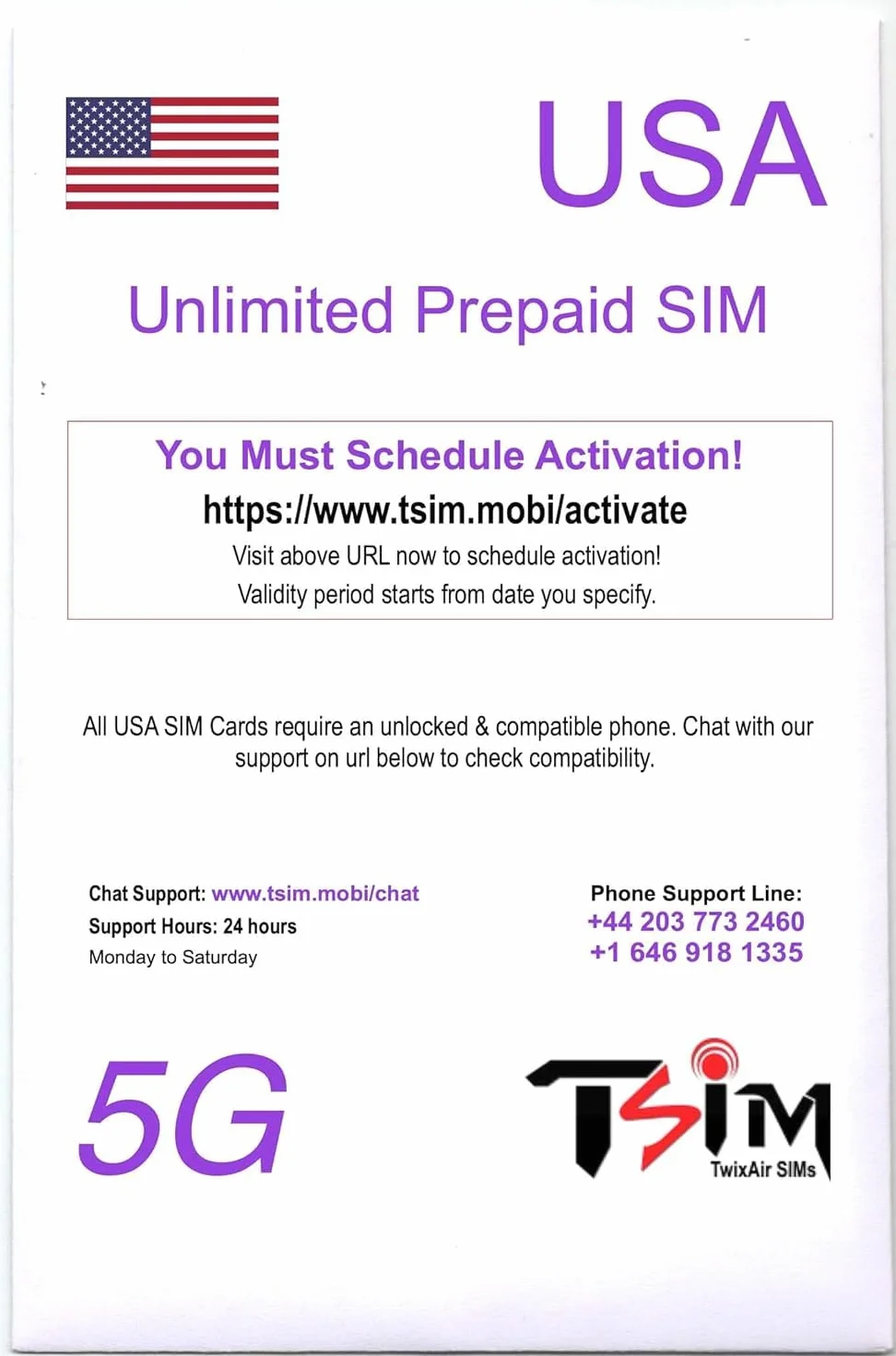 Karta SIM USA do podróży do USA. Przedpłacona. Sieć T-Mobile z nieograniczonymi danymi, połączeniami i wiadomościami tekstowymi. Nowa ulepszona karta SIM 5G! (4 dni)