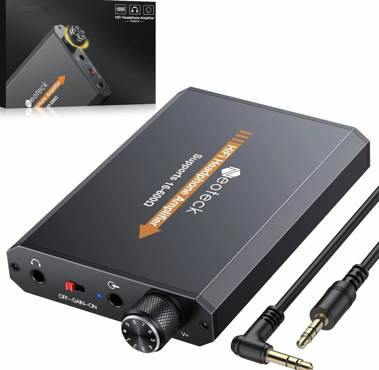 Neoteck Wzmacniacz słuchawkowy 3,5 mm z dwustopniowym włącznikiem wzmacniającym, przenośny wzmacniacz zestawu słuchawkowego HiFi, aluminiowa matowa powierzchnia