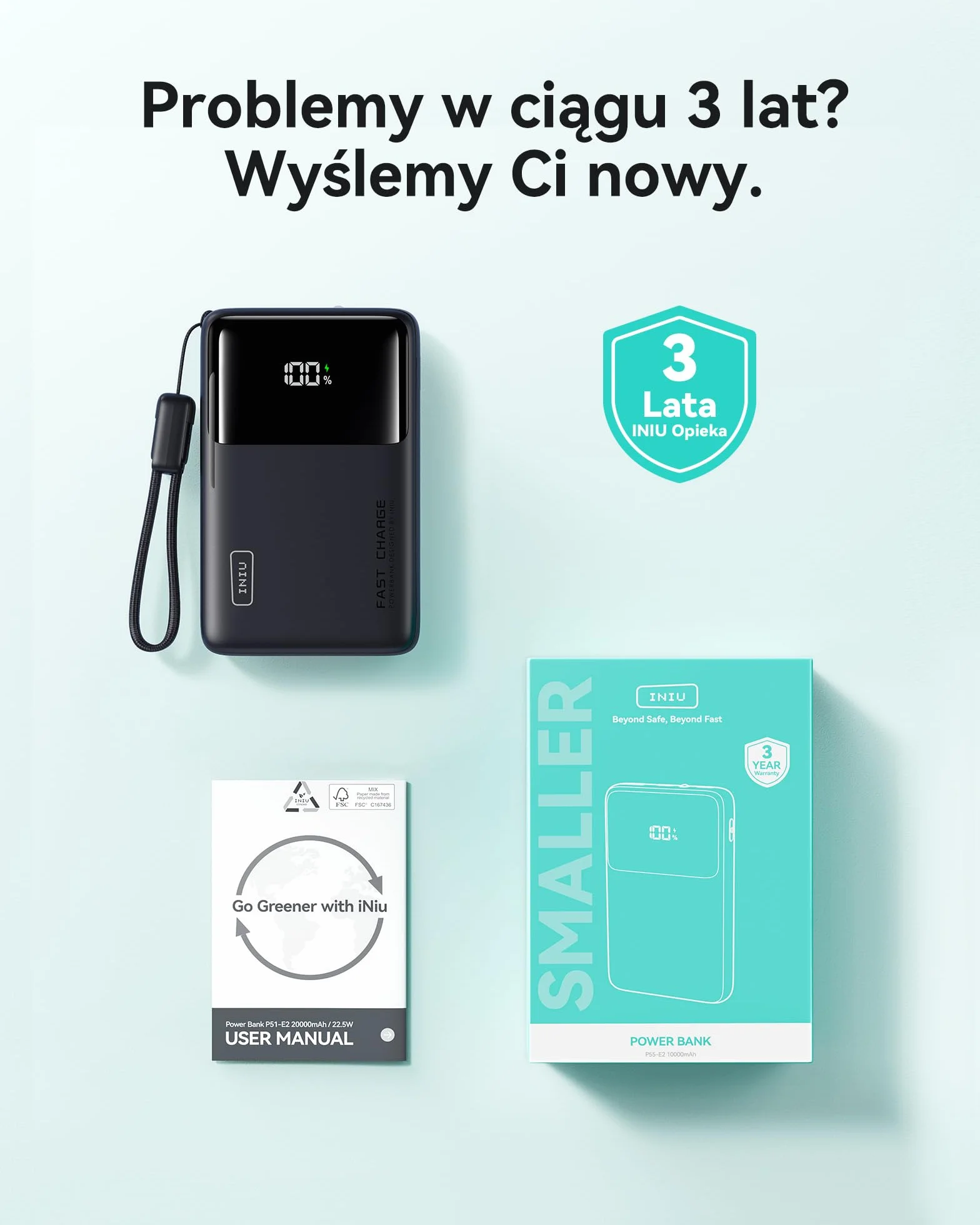 INIU 45W Power Bank, Supercienki 10000mAh Przenośna Ładowarka z Kablem USB-C, Szybkie Ładowanie USB C PD3.0 QC4.0 do iPhone 17 16 15 14 13 Pro Max iPad Air Samsung Galaxy S24 S23 Note 20 etc