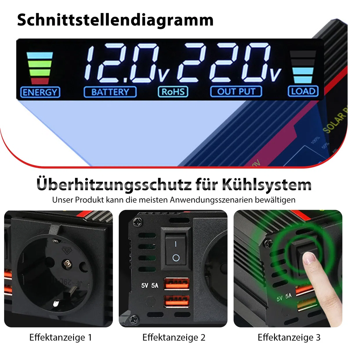 Przetwornica napięcia DC 12 V/24 V na AC 230 V, zmodyfikowana fala sinusoidalna, fala solarna 700 W/2000 W z gniazdami UE, 2 adaptery USB do samochodów osobowych, ciężarowych, przyczep kempingowych