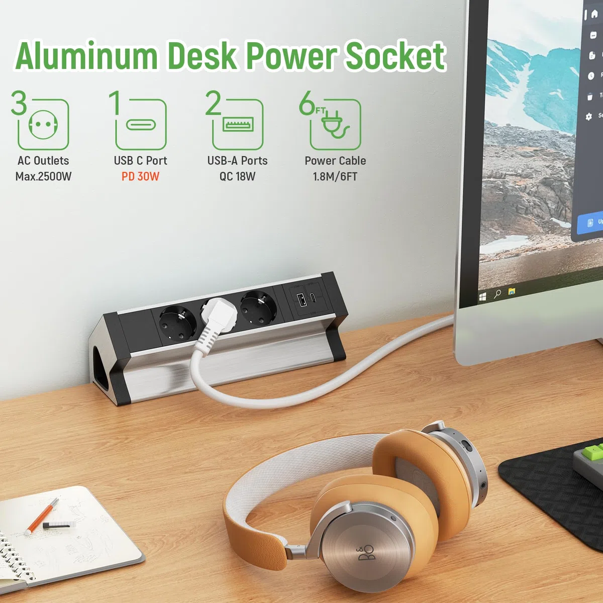 Listwa zasilająca na biurko z gniazdem USB C, 3 gniazda, listwa zasilająca z gniazdem USB, kabel 1,8 m, ze stopu aluminium, do biura, warsztatu
