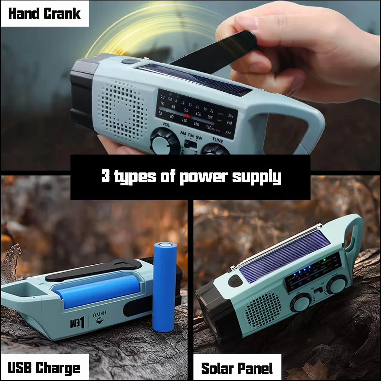 Radio Awaryjne, 2000mAh Radio na Korbkę ładowarka Słoneczna Power Bank Radios USB AM/FM z Alarmem SOS Latarka Małe Radiotelefon Kieszonkowe do Użytku Wewnątrz, Zewnątrz Kempingu