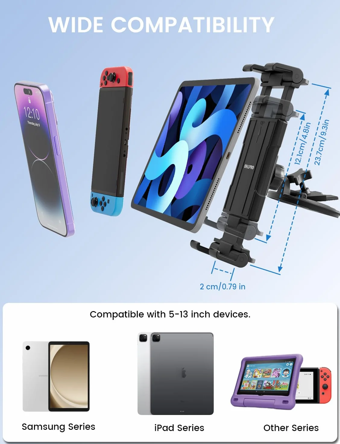 OHLPRO Samochodowy uchwyt na tablet CD, obracany o 360°, uchwyt na iPad i telefon komórkowy do iPad Pro/Air/Mini, Galaxy Tab, Switch, iPhone 5-13