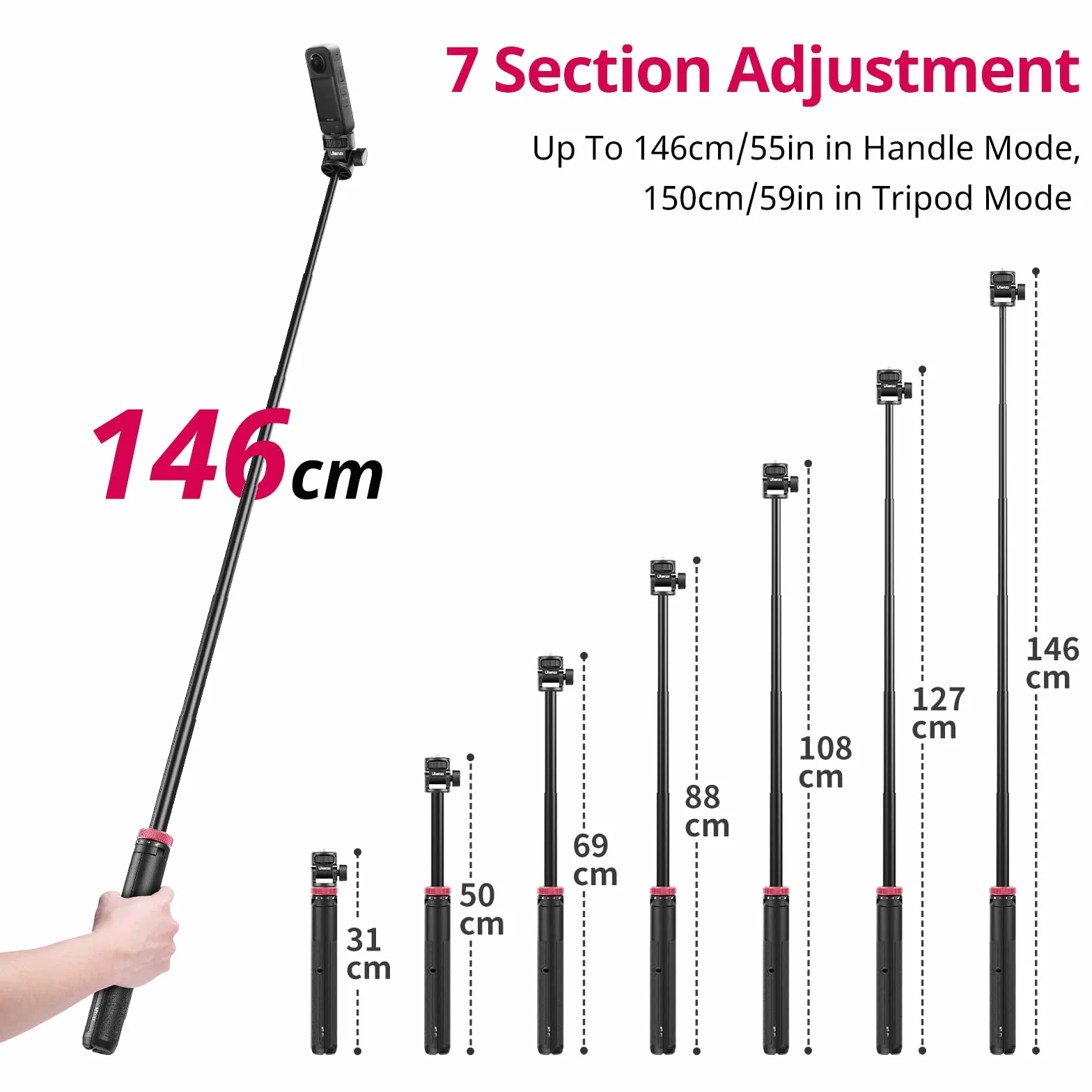 146 cm kijek do selfie statyw aparat fotograficzny, ULANZI MT-71 wysuwany kijek do selfie statyw kompatybilny z One XR/RS/GO 2 DJI Action