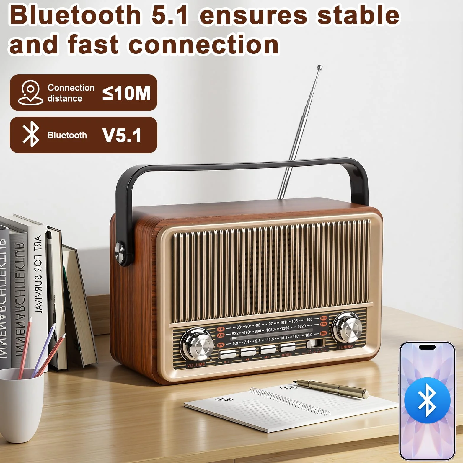Radio retro Bluetooth 5.1 AM SW FM Vintage z baterią 1200 mAh USB/TF