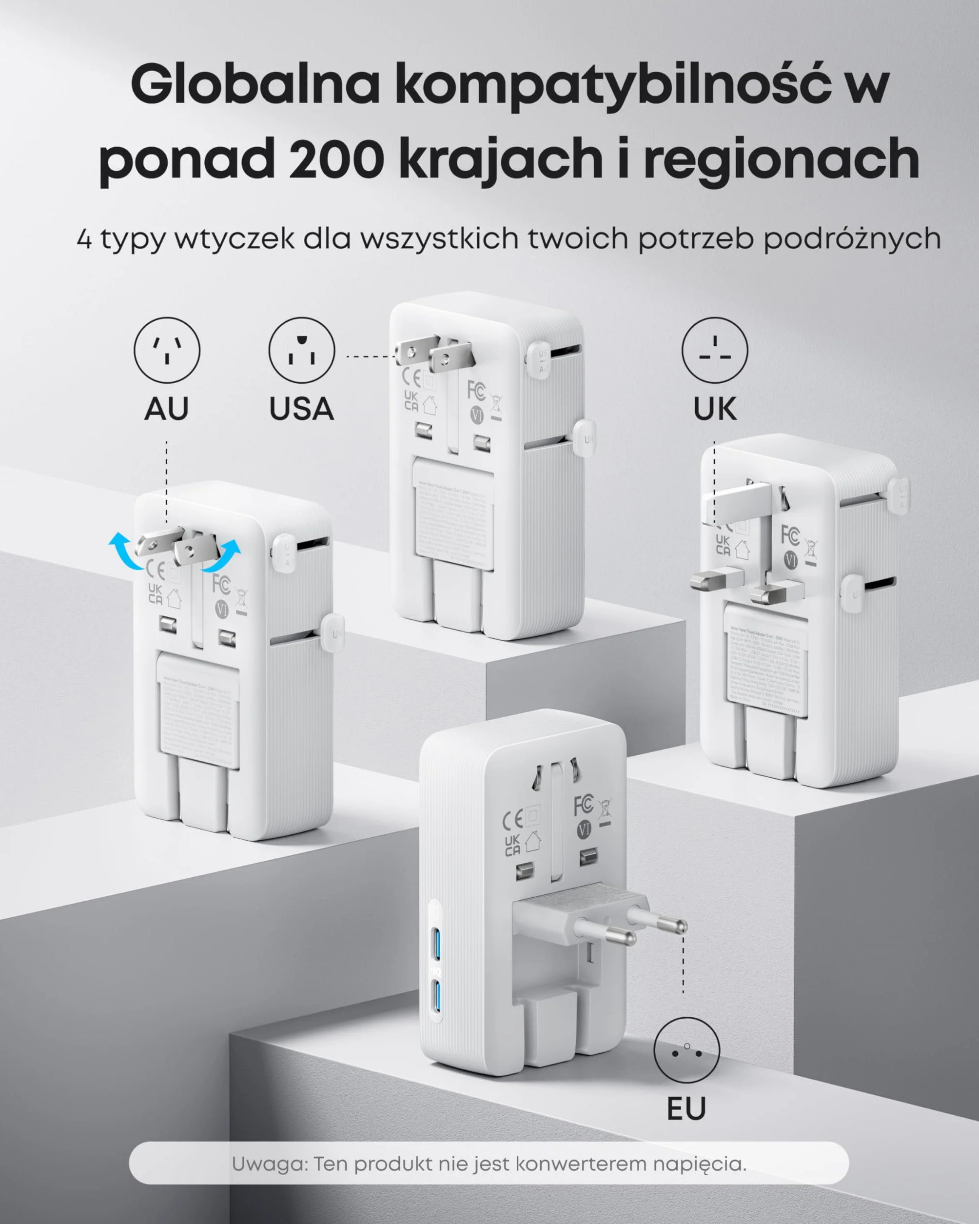 Anker Nano Travel Adapter Worldwide, uniwersalny adapter podróżny z 4 portami USB, 2 portami USB C, 2 portami USB A i 1 gniazdem AC, adapter gniazdkowy, może być używany w ponad 200 krajach