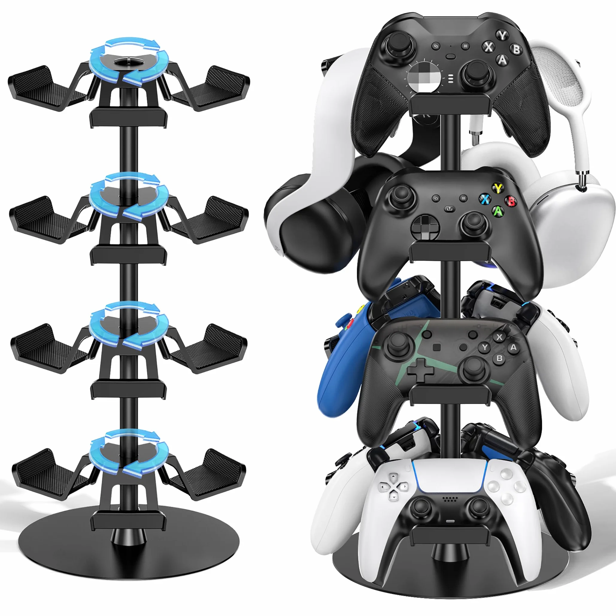 Stojak na słuchawki 3 poziomy na biurko, obrotowy stojak na kontroler do gier na PS5/PS4/Xbox/Switch2/PS Portal/telefon, uniwersalny kontroler akcesoriów dla graczy, uchwyt na słuchawki do 9 opakowań