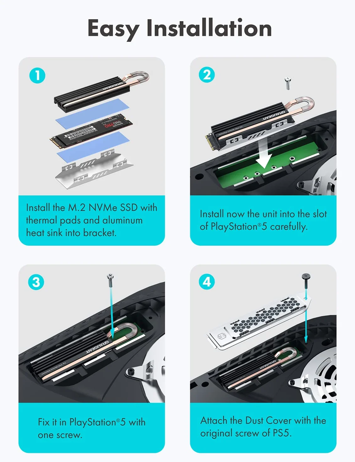 GRAUGEAR Radiator HeatPipe do M.2 NVMe SSD (2280), Playstation 5, PS5 Slim, do rozszerzenia pamięci PS5, z osłoną chroniącą przed kurzem.