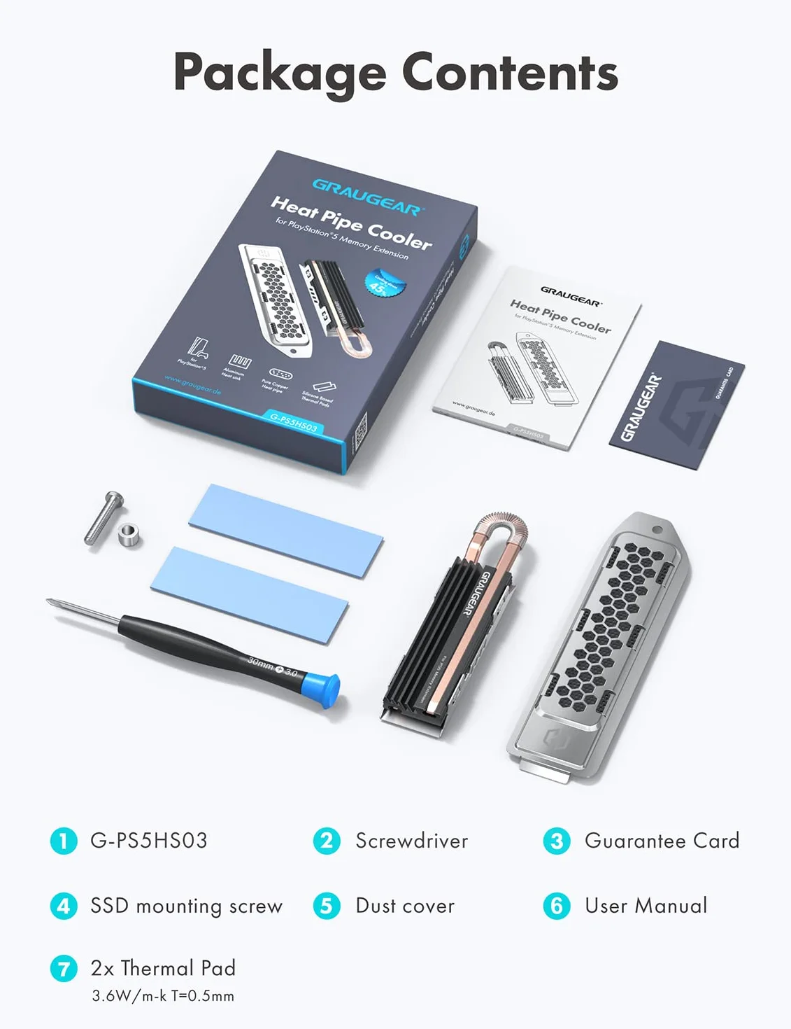 GRAUGEAR Radiator HeatPipe do M.2 NVMe SSD (2280), Playstation 5, PS5 Slim, do rozszerzenia pamięci PS5, z osłoną chroniącą przed kurzem.