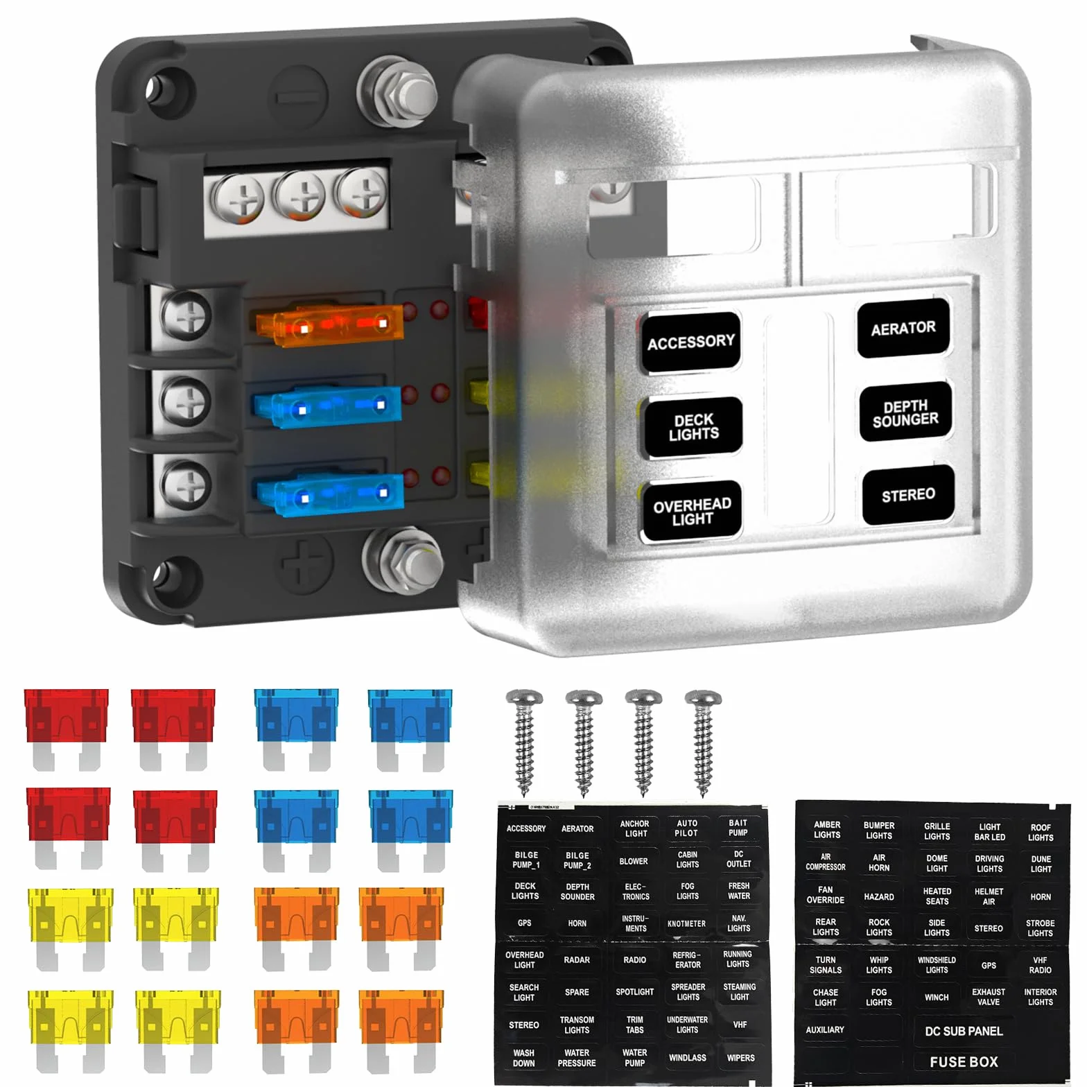 6-kierunkowa skrzynka bezpieczników, 12 V/24 V DC, ATC/ATO, z 16 bezpiecznikami, wskaźnik LED, ujemne ostrze magistrali do samochodu, łodzi, kampera, ciężarówki, morskiego