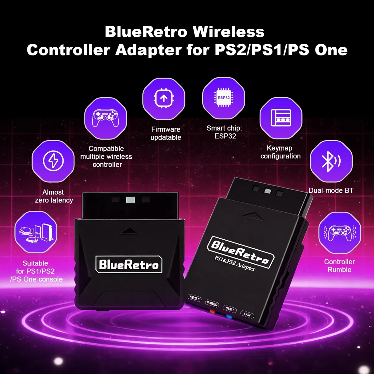 WIAONE BITFUNX RetroScaler PS2/PS1 bezprzewodowy adapter kontrolera - obsługuje konsolę do gier PS2/PS1, kompatybilny z PS3/PS4/PS5, Xbox One S, Series X/S, Switch Pro Bluetooth