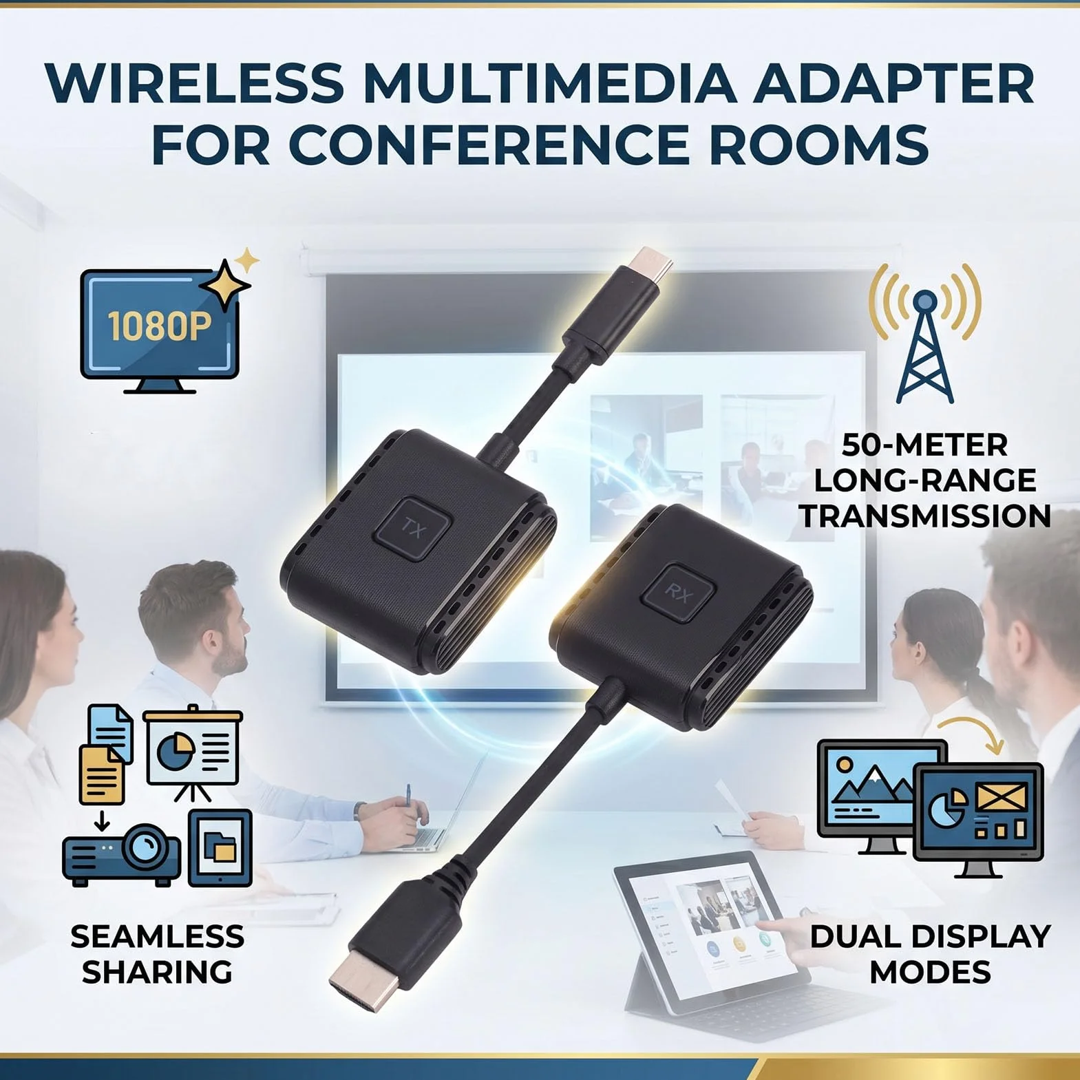 XUMIUZIY Bezprzewodowy Nadajnik i Odbiornik USB C 1080P HDMI, 165 Stóp/50 M | Dwuzakresowy bezprzewodowy adapter wyświetlacza 2,4/5G, podwójne tryby lustrzane i rozszerzające, umożliwiające