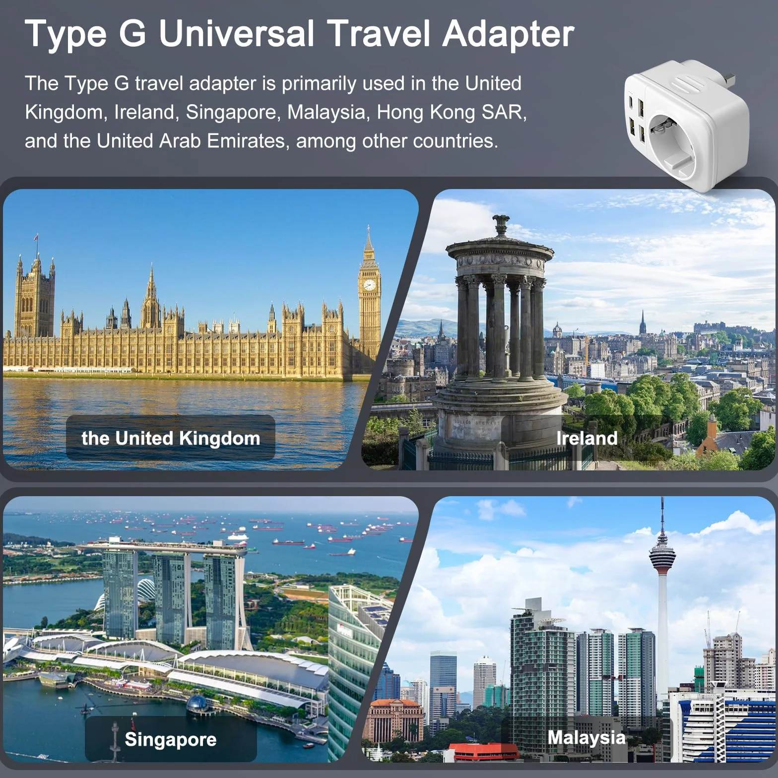 Hoppac Adapter do gniazda w języku angielskim 5 w 1, adapter typu G z 3 USB A i 1 USB C, brytyjski adapter do Irlandii, Hongkongu, Singapuru, Malty, Cypru, Zjednoczonych Emiratów Arabskich, Kataru
