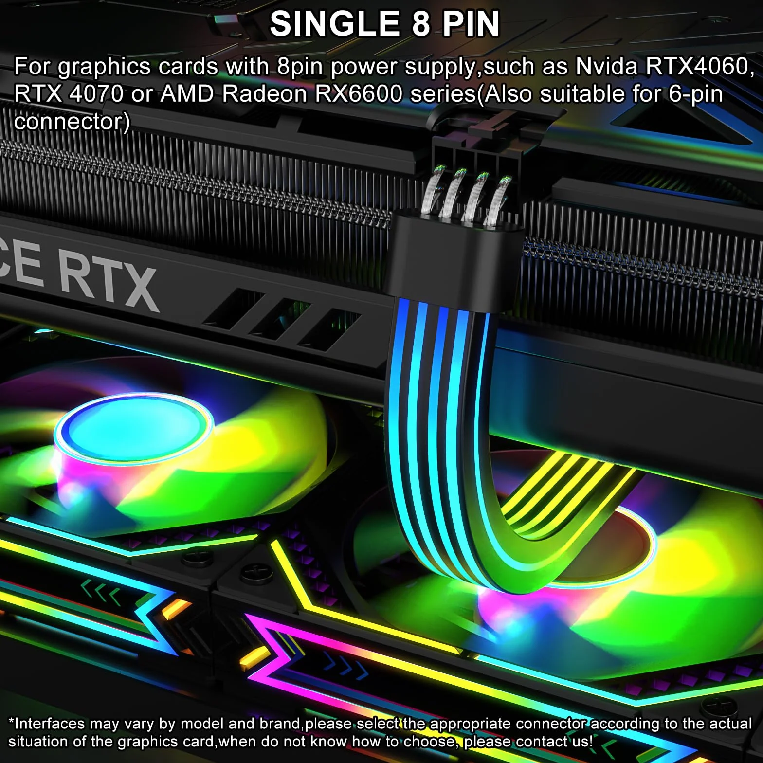 Sirlyr 8-pinowy kabel PCIE RGB, jasne kable GPU ARGB przedłużacz do RTX 3060 4060 4070 Radeon RX 6600 580 zasilacz karty graficznej 5V3Pin PC obudowa akcesoria czarny