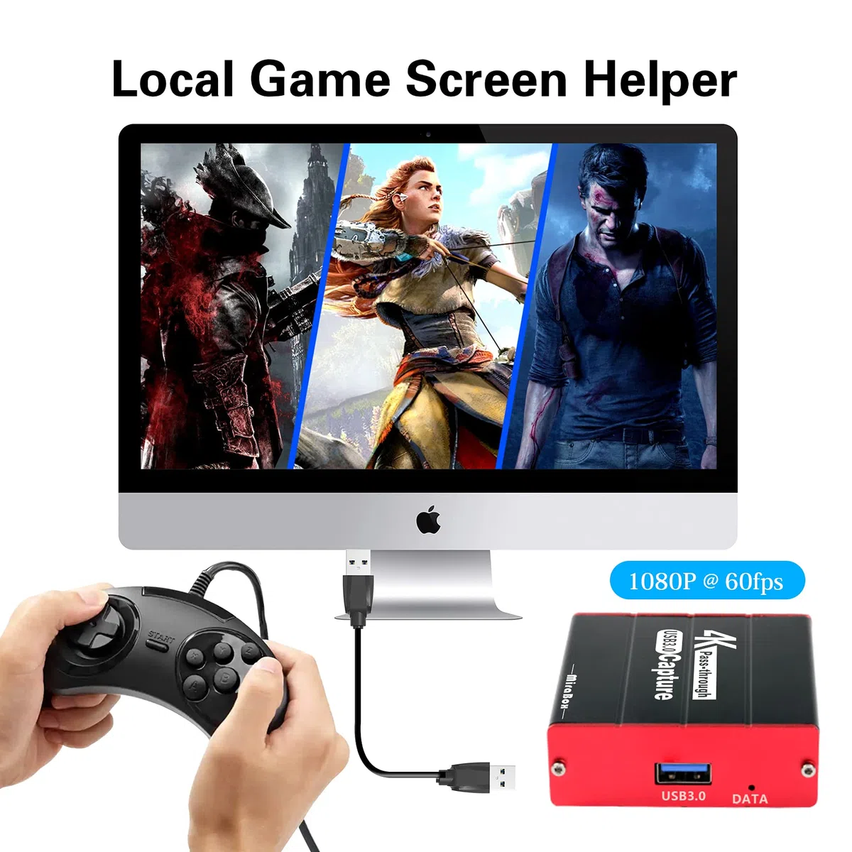 Mirabox Karta przechwytywania 4K, USB HD 1080p dla PS4 Nintendo Switch Wii U DSLR Xbox na OBS, XSplit, Twitch, Youtube Obsługa Windows, Mac, Zero Latency HDMI Loopout
