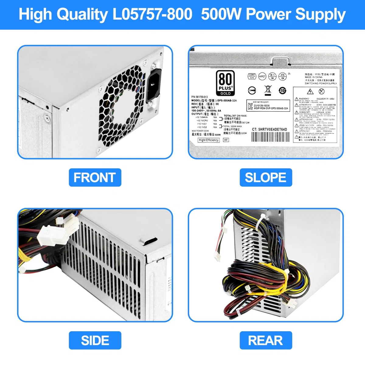 S-Union L05757-800 zasilacz przełączający 500 W kompatybilny z HP EliteDesk Z2 G4 800 880 600 G3 G5, model L05757-800 DPS-500AB-32 A, 795-0003UR 901759-011759-011759-01759-011759 3 zasilacz biurkowy