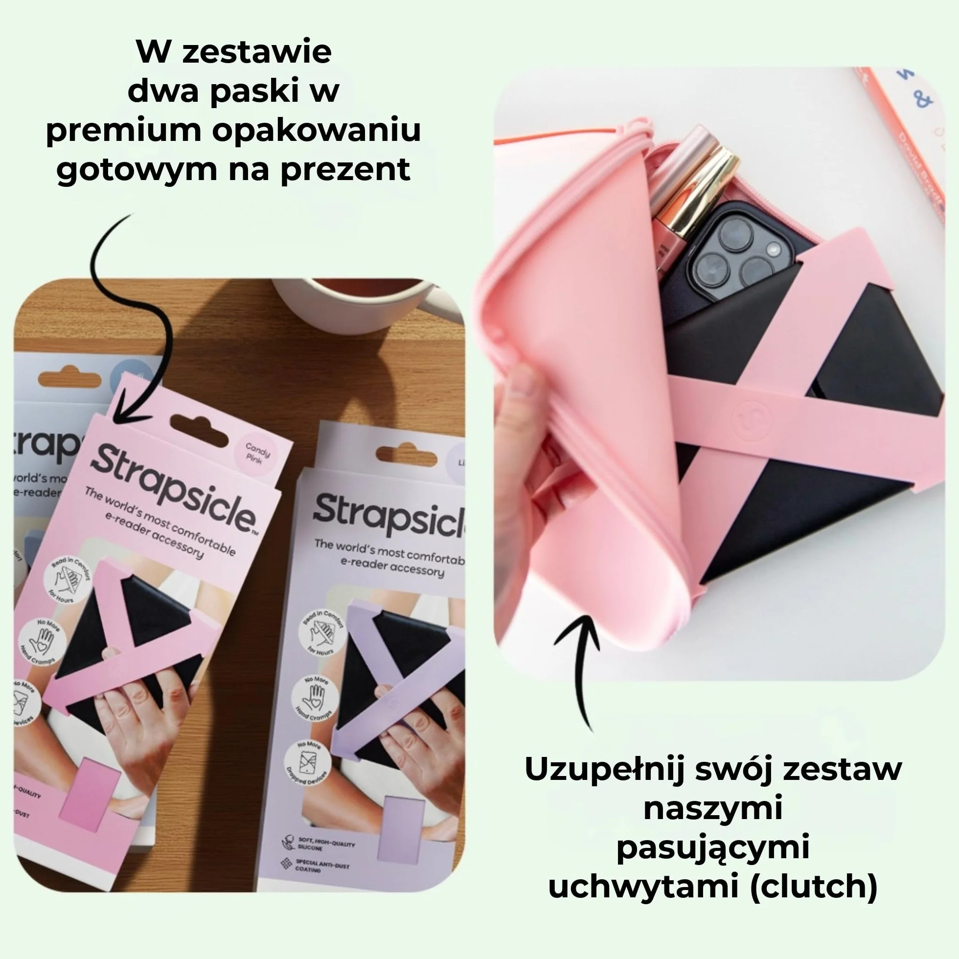 Strapsicle Pasek na Dłoń do Kindle Paperwhite 2024/2021 Signature Kobo Colorsoft 2 Paski Lekki Uchwyt do Czytania Rozmiar L Różowy