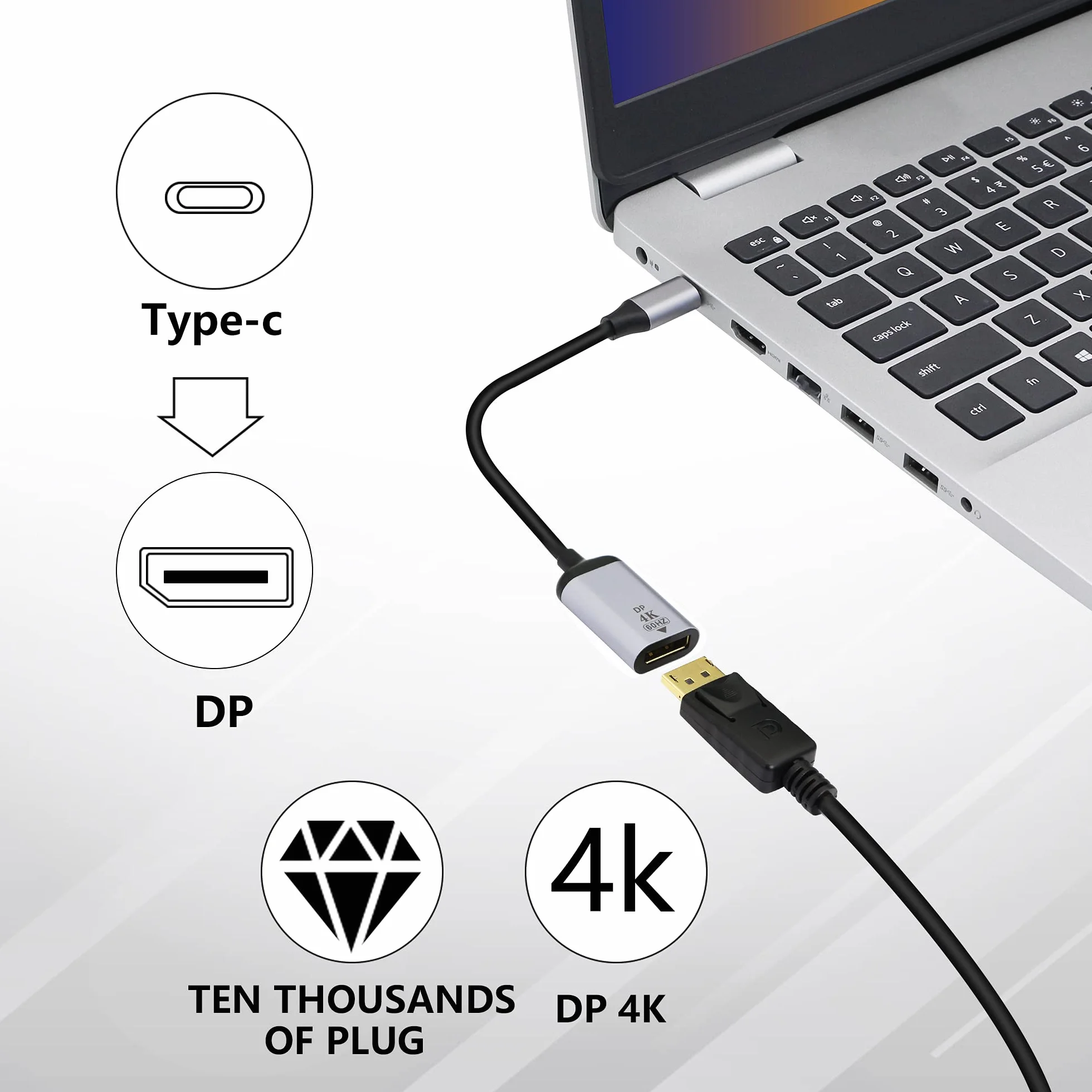 CERRXIAN Adapter typu C na Displayport, 4K przy 60 Hz USB C męski na DP żeński kabel konwertera HD do telewizora, monitora, projektora itp