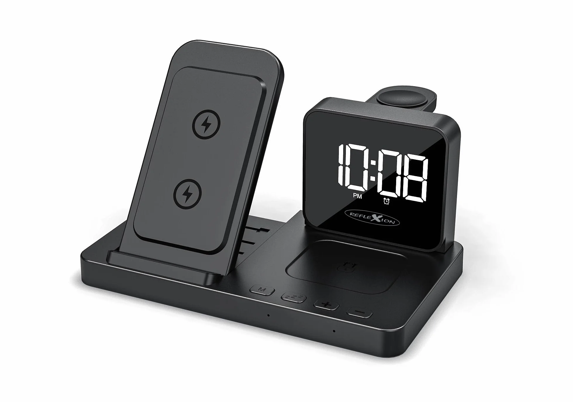 Reflexion Bezprzewodowa ładowarka 4 w 1 z zegarem, stacja ładująca 15 W USB-C do smartfona Apple Watch słuchawek