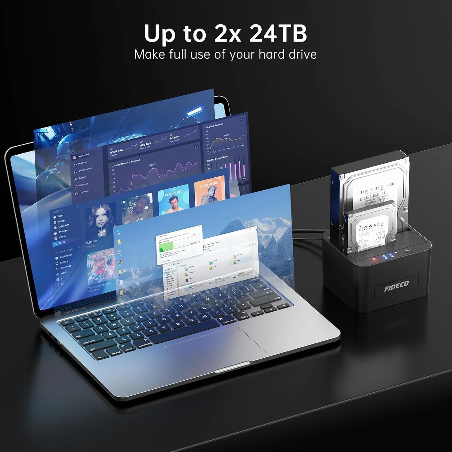 Fideco Stacja dokująca do dysków twardych, stacja dokująca USB 3.0, SATA, HDD dla 2,5 i 3,5-calowych dysków twardych SATA / SSD, podwójna zatoka, obsługuje klonowanie offline i UASP