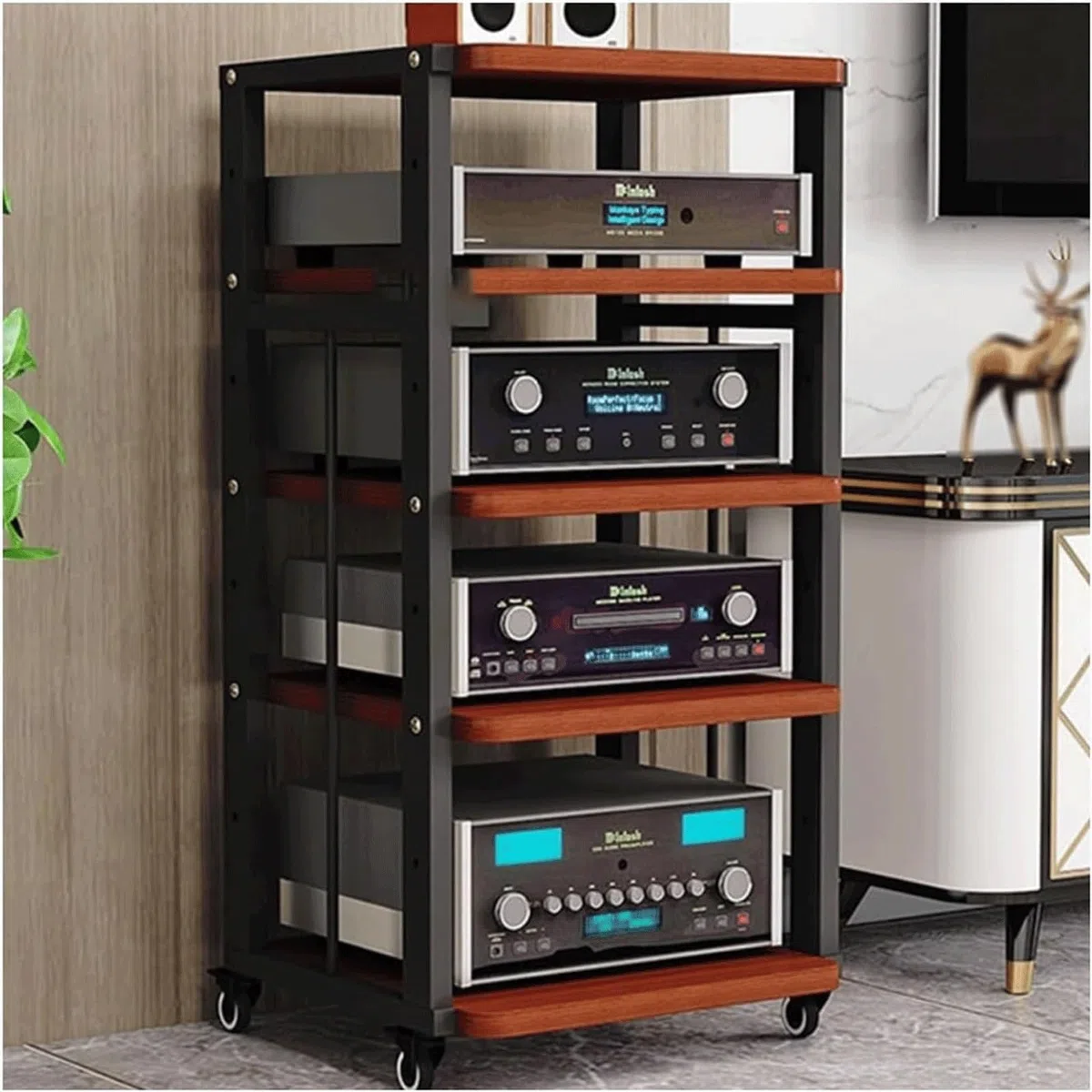 Regulowany stojak na audio z kółkami, 5-poziomowy stojak stereo na sprzęt AV, otwarta półka na audio-wideo, mobilny stojak stereo (czerwony)