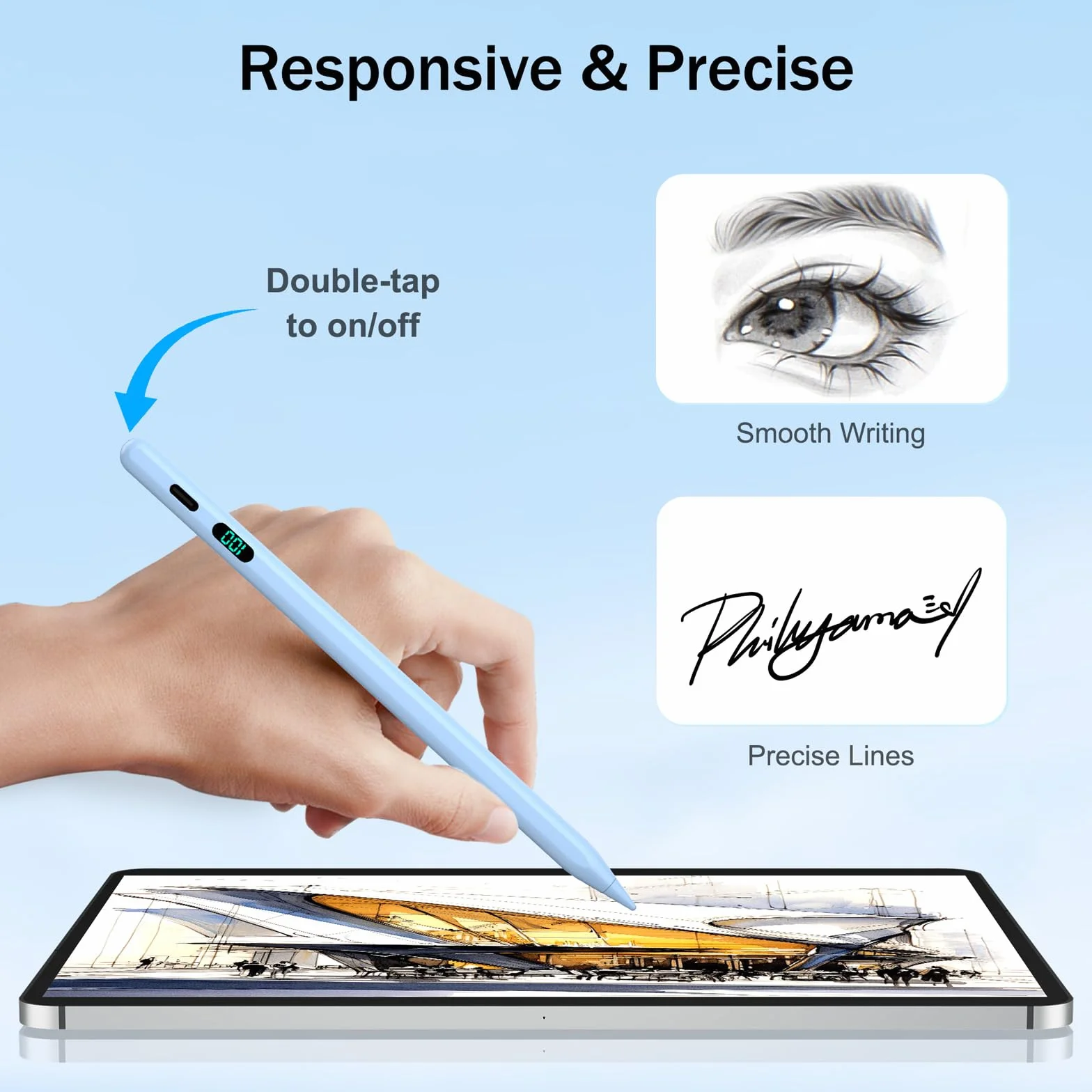 Rysik do do iPad 2025-2018, Pencil do iPada 11thA16/10/9/8/7/6, Air 11/13 M2/M3, Pro 11/13 M4, Pro 12,9 cala, Air 5/4/3, Mini 7 A17 Pro/6/5 ze wskaźnikiem zasilania LED, szybkie ładowanie