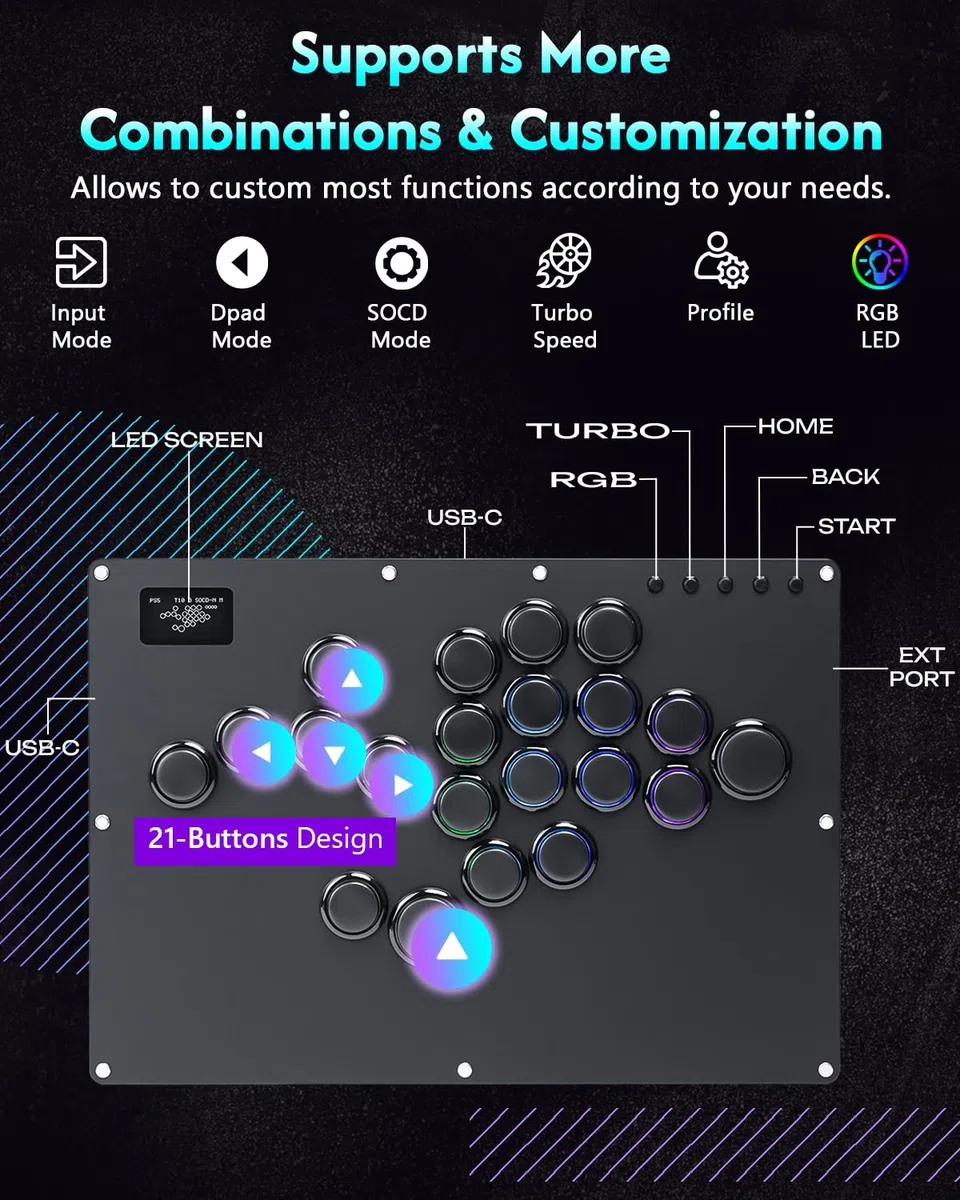 GuileKeys Arcade Fight Stick GK-21, All-Button Gamerfinger z niestandardowymi funkcjami RGB i Turbo, kontroler zręcznościowy do PC/PS4/PS3/Switch/Steam Game Keyboard Support Hot Swap & SOCD