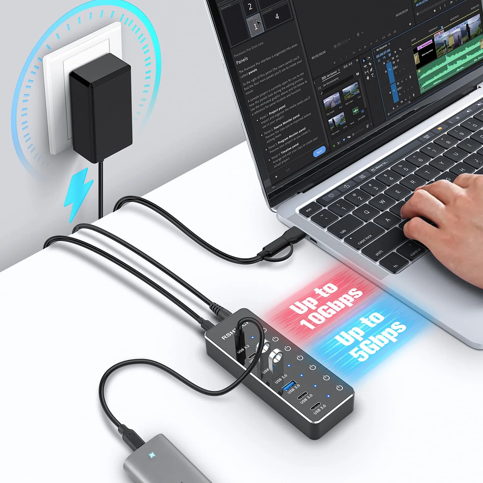 RSHTECH 7-portowy koncentrator USB C 3.2 aktywny z zasilaczem sieciowym – koncentrator USB 3.1 Gen2 z 3 portami 10 Gbps (typ A, 2 x typ C), 3,0 5 Gbps (2 x Ty-A, 2 * Ty-C) - kabel do transmisji danych