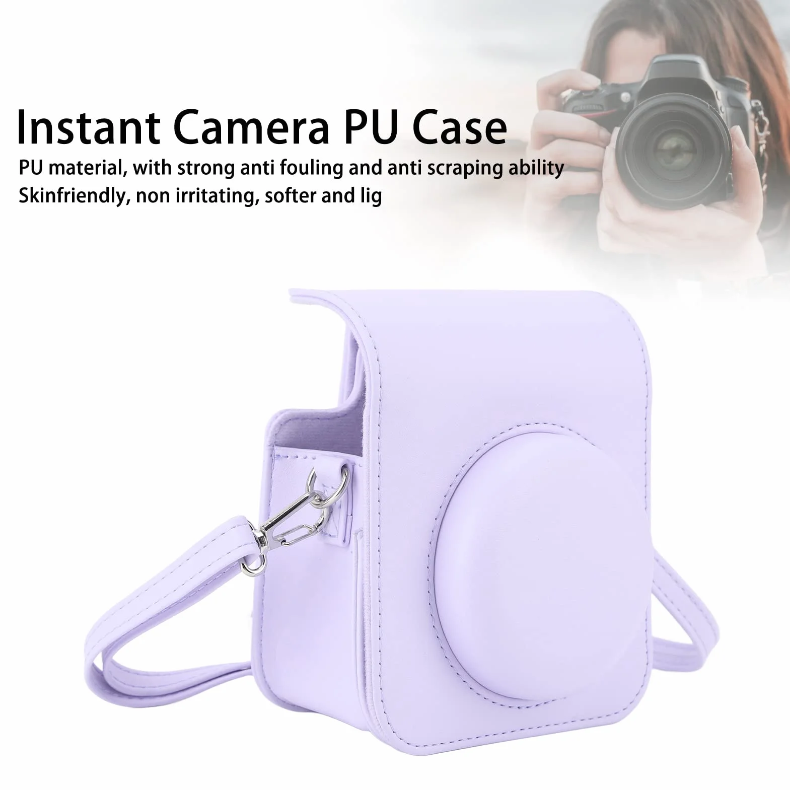 ASHATA Etui Ochronne do Aparatu Fuji Instax Mini 12, Torba PU na Aparat Mini 12 z Regulowanym Paskiem na ramię (Fioletowy Irys), ASHATA5GSAGK04CI-16