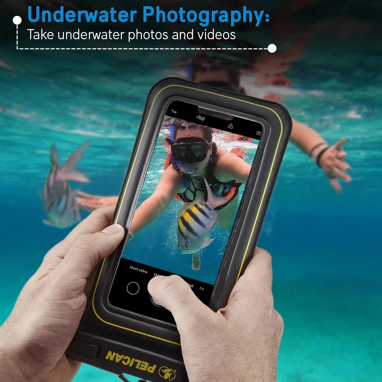 Pelican Marine - Wodoodporne etui na telefon IP68 (rozmiar regularny) - pływające wodoodporne etui na telefon iPhone 14 Pro Max/ 13 Pro Max/ 12 Pro Max/ 11/ S22 Ultra - Odpinana smycz - czarny/żółty