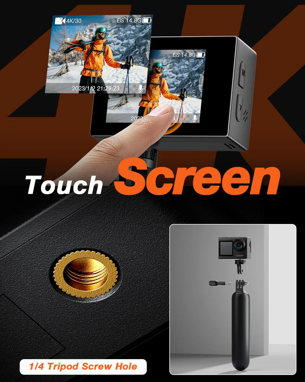 iZEEKER Action Cam 4K, 24MP HD Fotocamera Subacquea Impermeabile 40M Telecamera per Casco con Doppio Schermo, Microfono Esterno, Telecomando 2.4G, Batteria 2x1350mhA