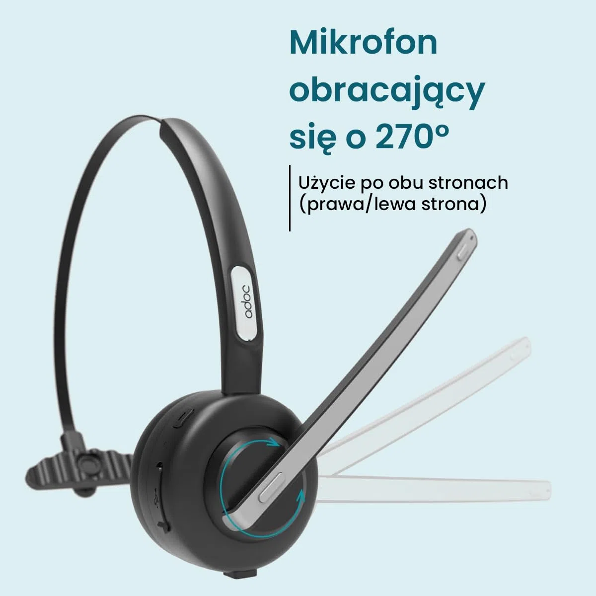 ADOC Słuchawki Bluetooth 5.0 z mikrofonem BT01, redukcja szumów, regulowany pałąk, skórzana podkładka, klawisz wielofunkcyjny, bateria 180 mAh.