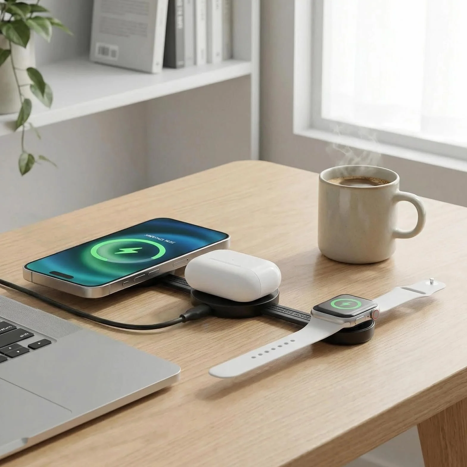 Bezprzewodowa stacja ładująca 3 w 1, składana ładowarka kieszonkowa kompatybilna 15W, składana podróżna podkładka ładująca do iPhone 17/16, AirPods, Apple Watch