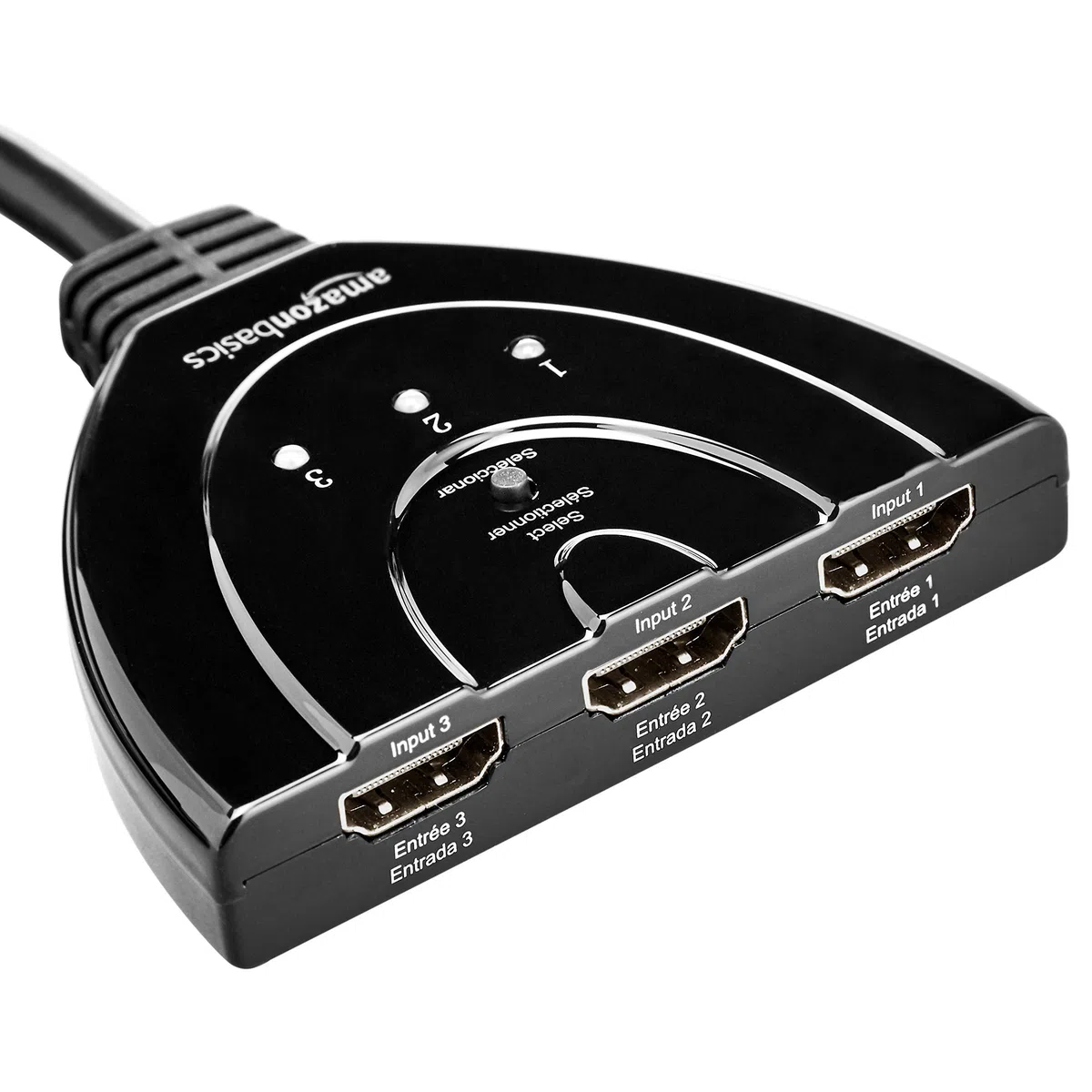 Amazon Basics Przełącznik HDMI z 3 portami i kablem pigtail, obsługuje Full HD, 4K/30 Hz, 3 in 1 out