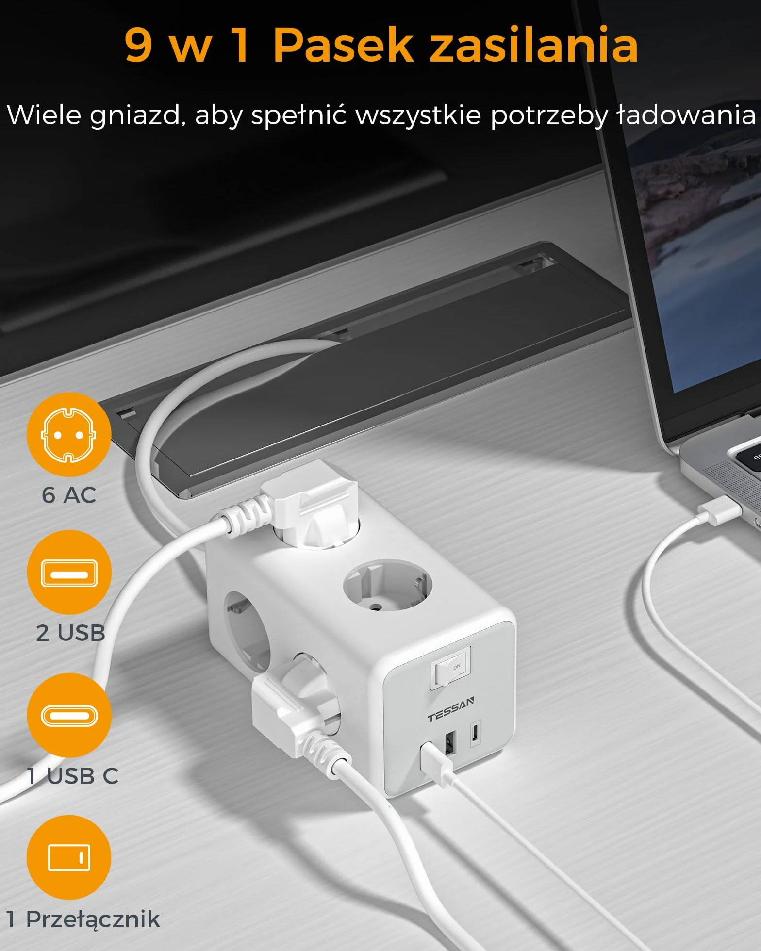 TESSAN Listwa zasilająca USB C, 9 w 1 przedluzacz elektryczny z 3 USB porty, listwy zasilające z wyłącznikami, przedłużacz elektryczny 2M, listwa USB do domu, biura, 3600W, szaro biały